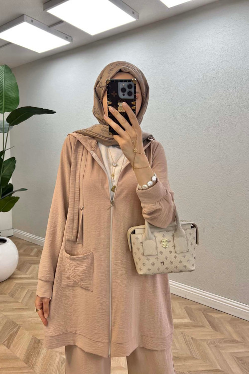 Sare Fashion Hooded Pocket Suit Beige