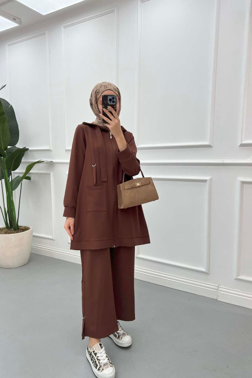 Sare Fashion Hooded Pocket Suit Brown