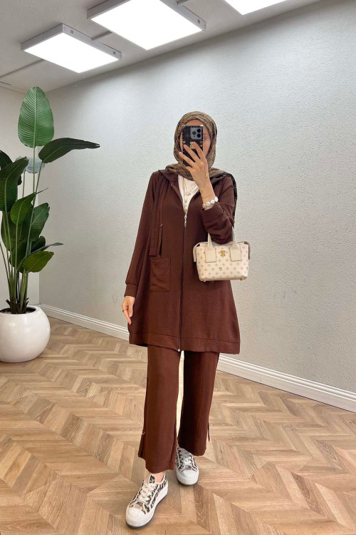 Sare Fashion Hooded Pocket Suit Brown