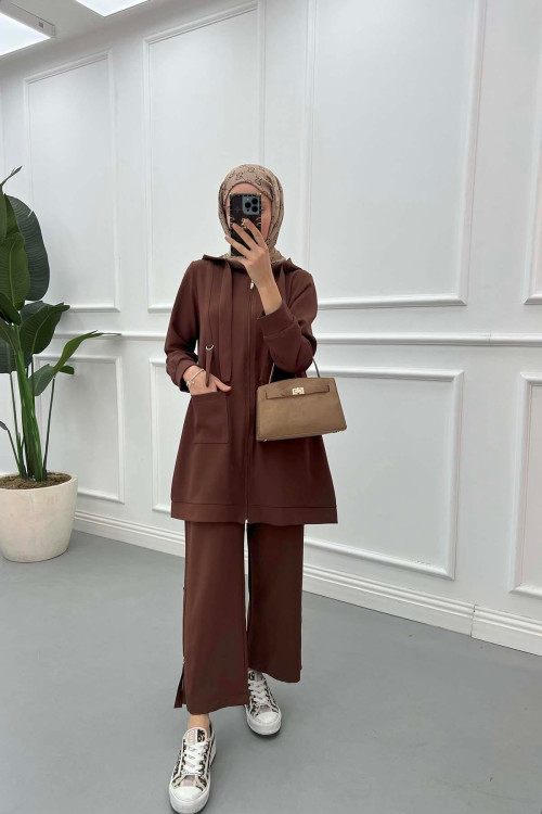Sare Fashion Hooded Pocket Suit Brown