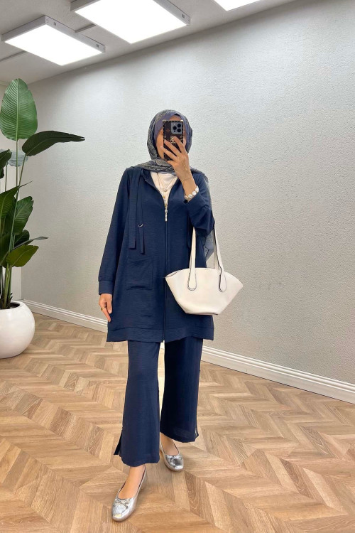 Sare Fashion Hooded Pocket Suit Navy Blue