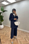 Sare Fashion Hooded Pocket Suit Navy Blue
