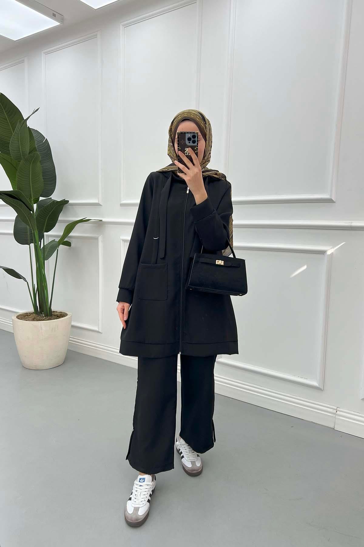 Sare Fashion Hooded Pocket Suit Black