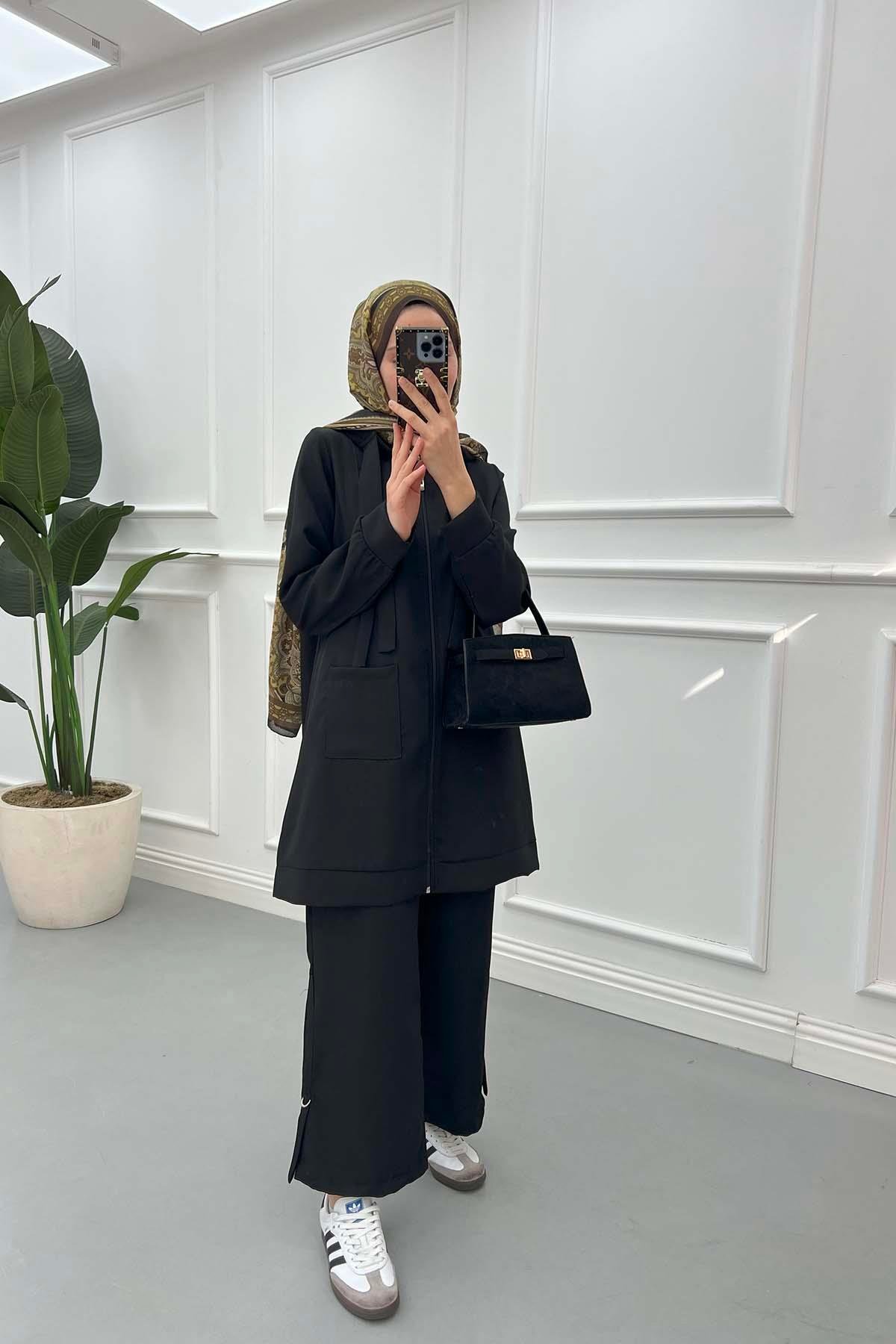 Sare Fashion Hooded Pocket Suit Black