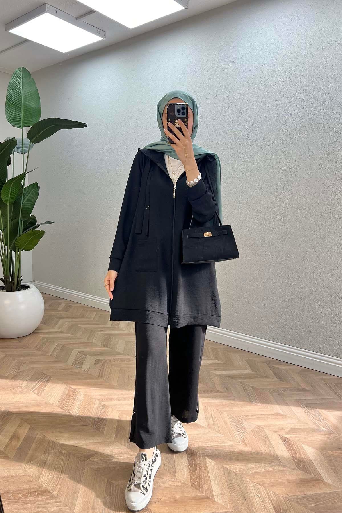 Sare Fashion Hooded Pocket Suit Black