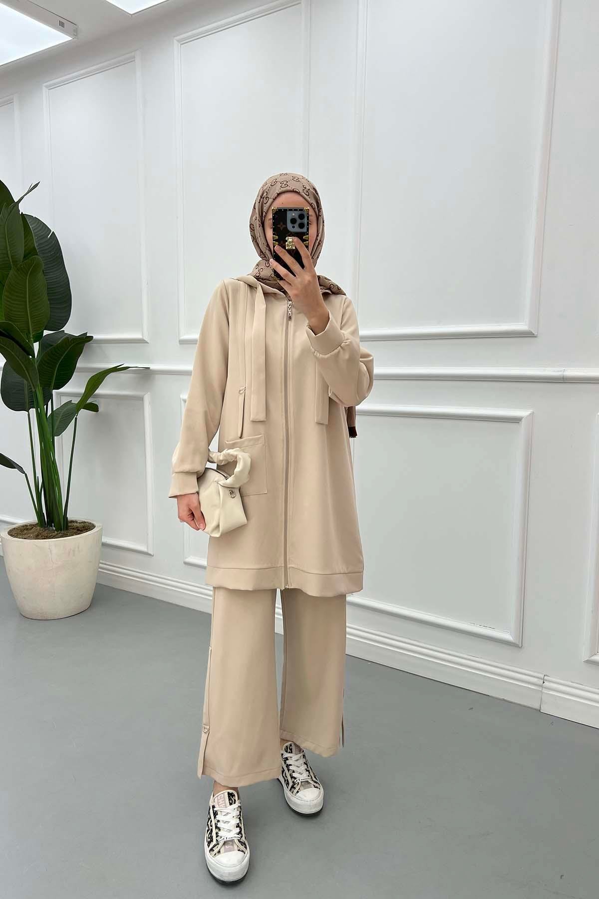 Sare Fashion Hooded Pocket Suit Stone