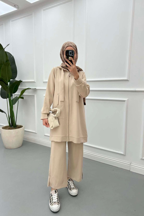 Sare Fashion Hooded Pocket Suit Stone