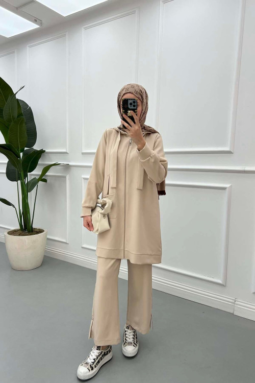 Sare Fashion Hooded Pocket Suit Stone
