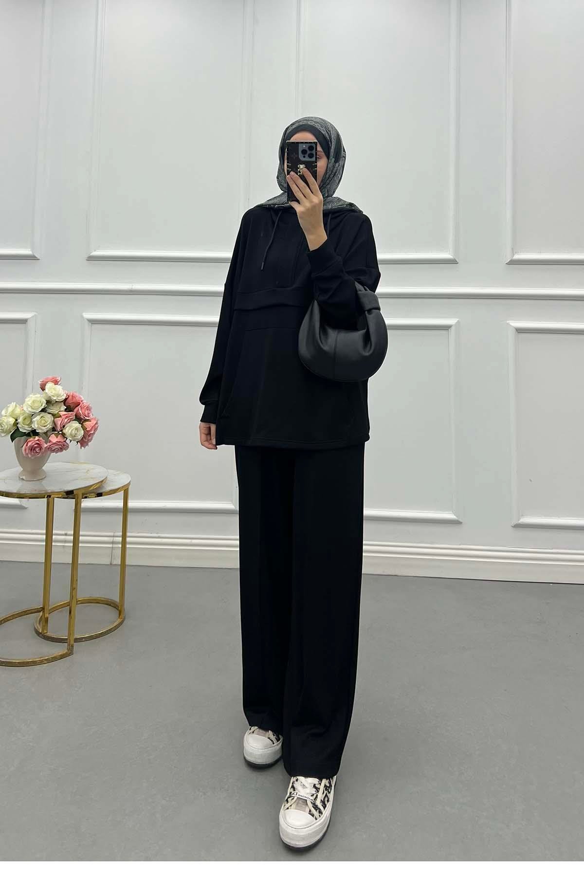 Sare Fashion Oysh Hooded Kangaroo Pocket Set Black