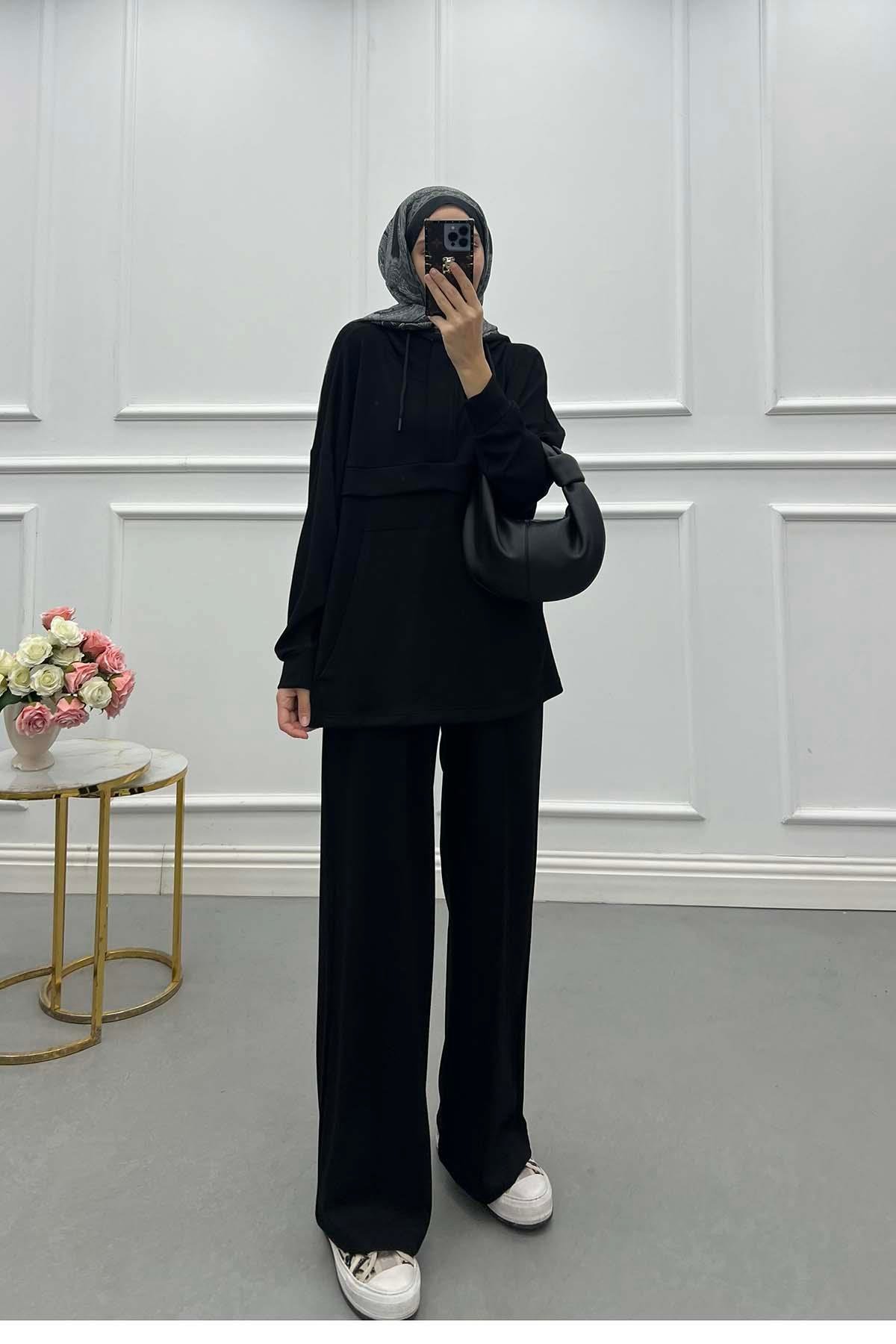 Sare Fashion Oysh Hooded Kangaroo Pocket Set Black