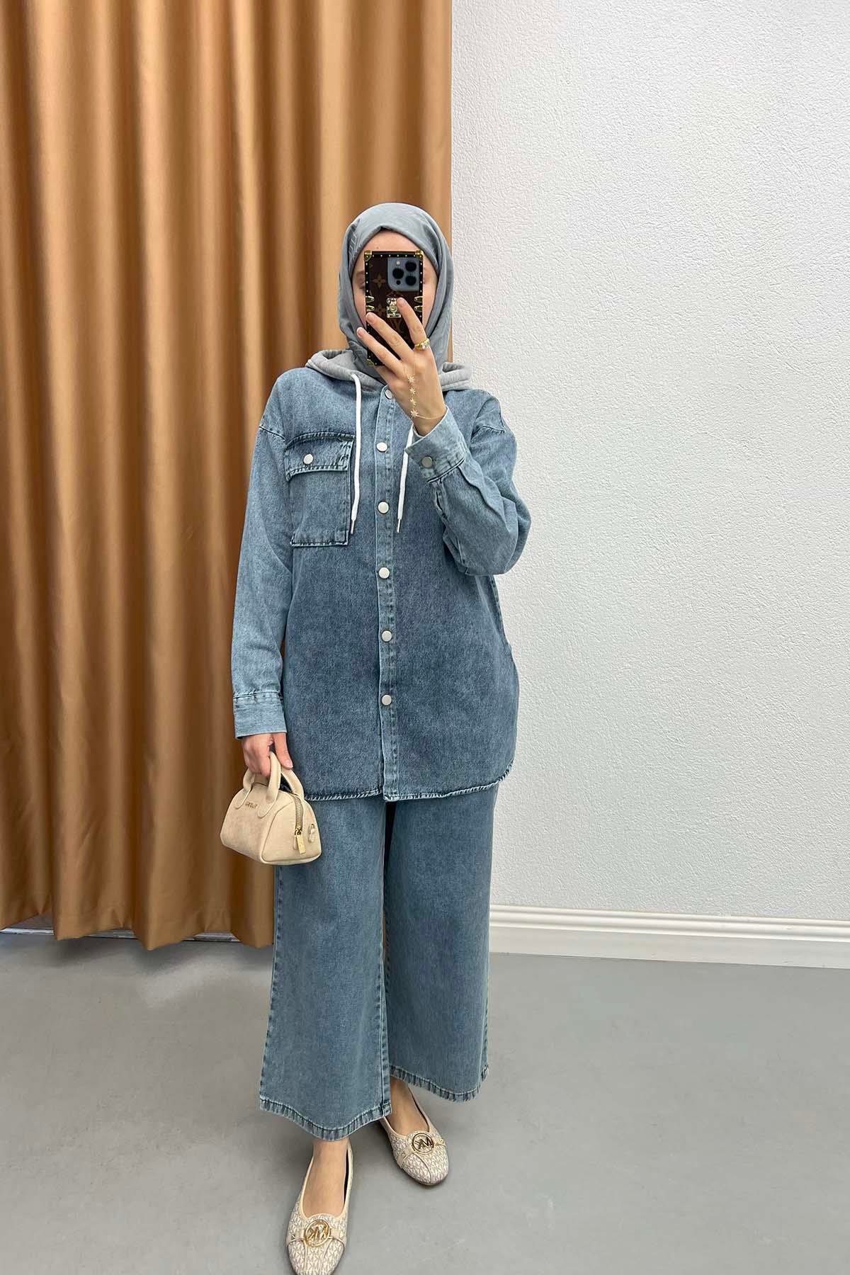 Hooded Denim Jacket Blue