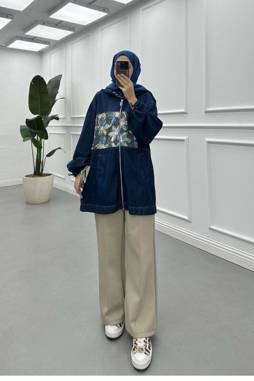 Sare Fashion Hooded Tulle Flower Detailed Denim Jacket Navy Blue Sare Fashion Hooded Tulle Flower Detailed Denim Jacket Navy Blue