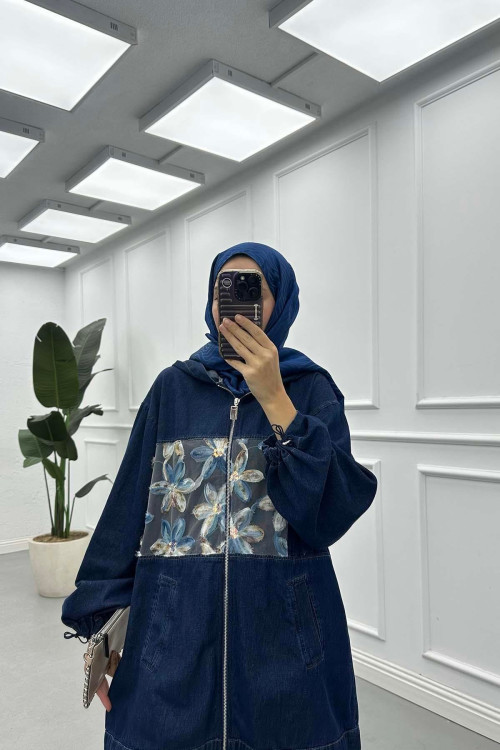 Sare Fashion Hooded Tulle Flower Detailed Denim Jacket Navy Blue Sare Fashion Hooded Tulle Flower Detailed Denim Jacket Navy Blue