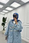 Sare Fashion Hooded Tulle Flower Detailed Denim Jacket Blue Sare Fashion Hooded Tulle Flower Detailed Denim Jacket Blue