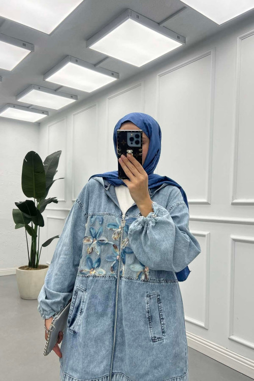 Sare Fashion Hooded Tulle Flower Detailed Denim Jacket Blue Sare Fashion Hooded Tulle Flower Detailed Denim Jacket Blue