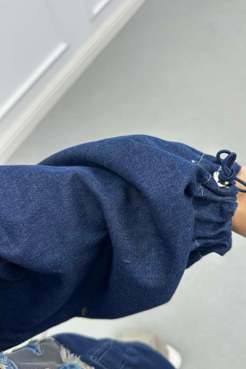 Sare Fashion Hooded Tulle Flower Detailed Denim Jacket Navy Blue Sare Fashion Hooded Tulle Flower Detailed Denim Jacket Navy Blue