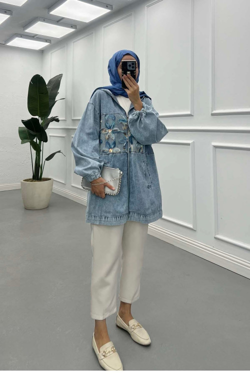 Sare Fashion Hooded Tulle Flower Detailed Denim Jacket Blue Sare Fashion Hooded Tulle Flower Detailed Denim Jacket Blue