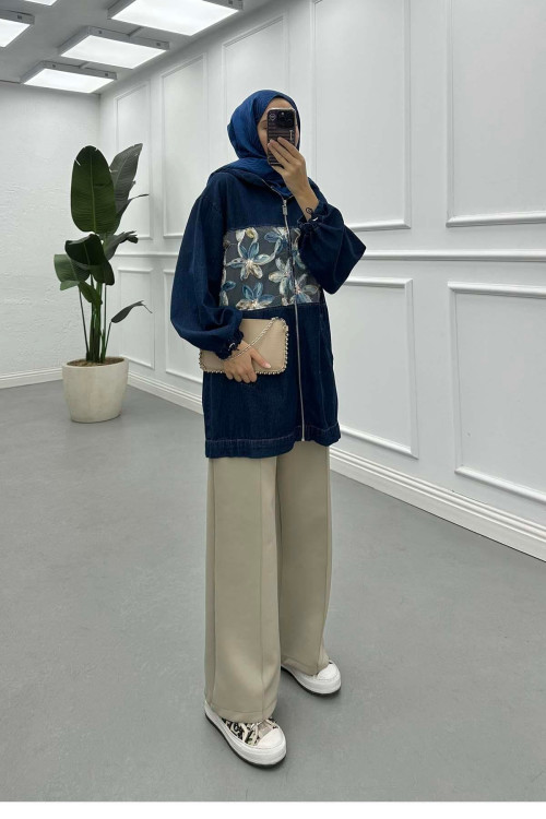 Sare Fashion Hooded Tulle Flower Detailed Denim Jacket Navy Blue Sare Fashion Hooded Tulle Flower Detailed Denim Jacket Navy Blue