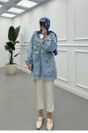 Sare Fashion Hooded Tulle Flower Detailed Denim Jacket Blue
