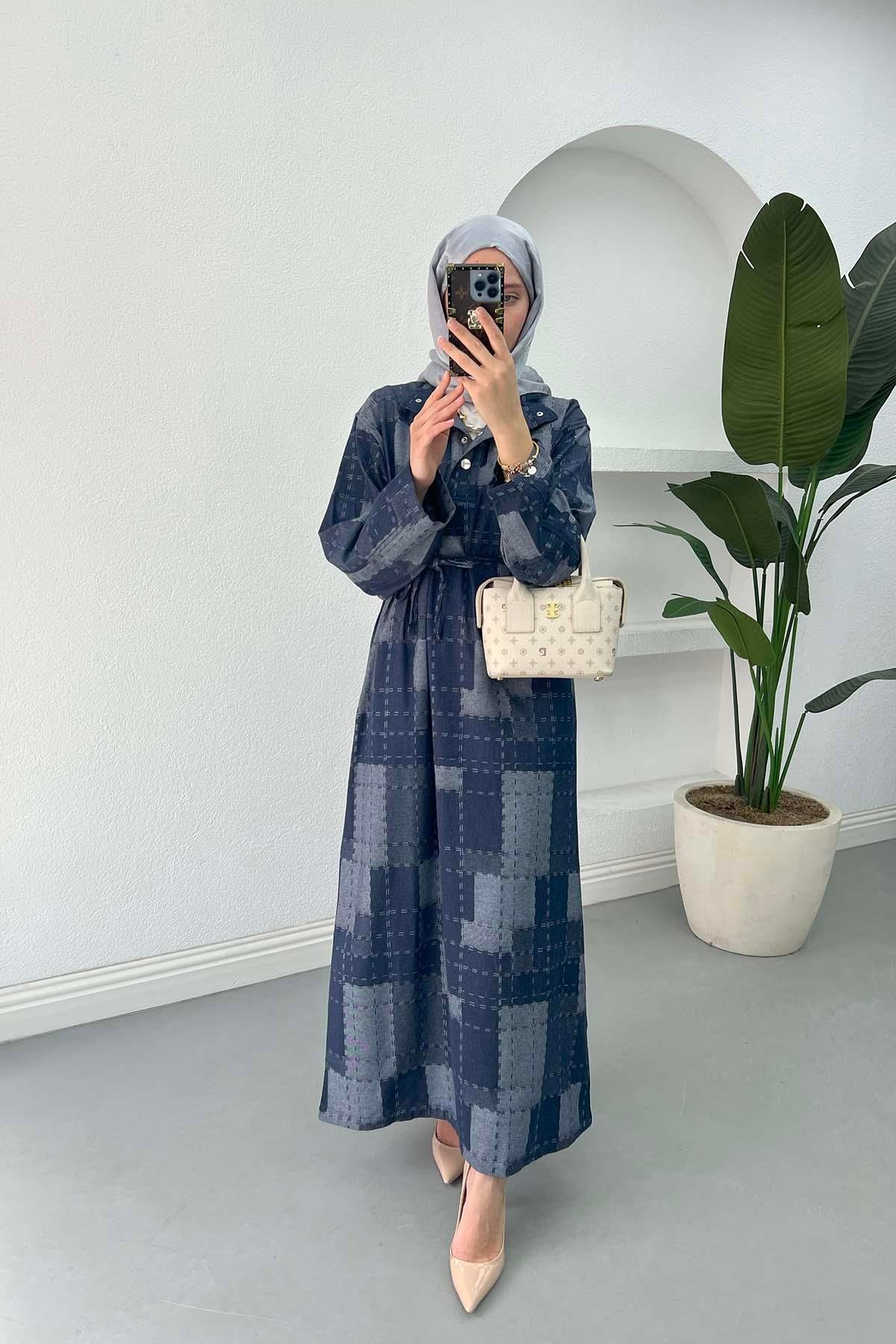 Sare Fashion Square Pattern Collar Detailed Dress Navy Blue