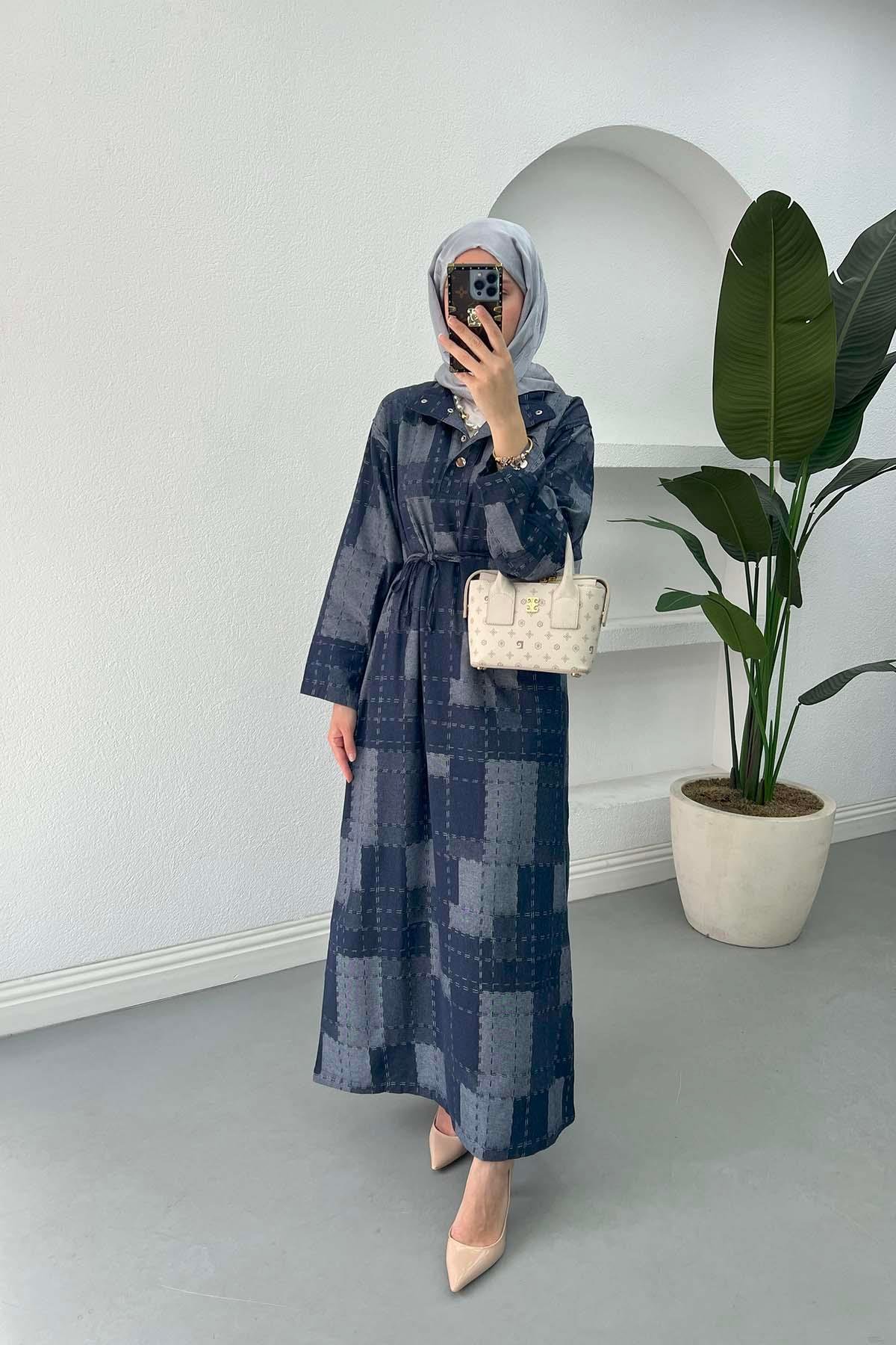 Sare Fashion Square Pattern Collar Detailed Dress Navy Blue