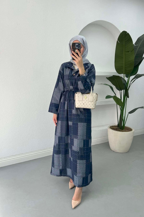 Sare Fashion Square Pattern Collar Detailed Dress Navy Blue