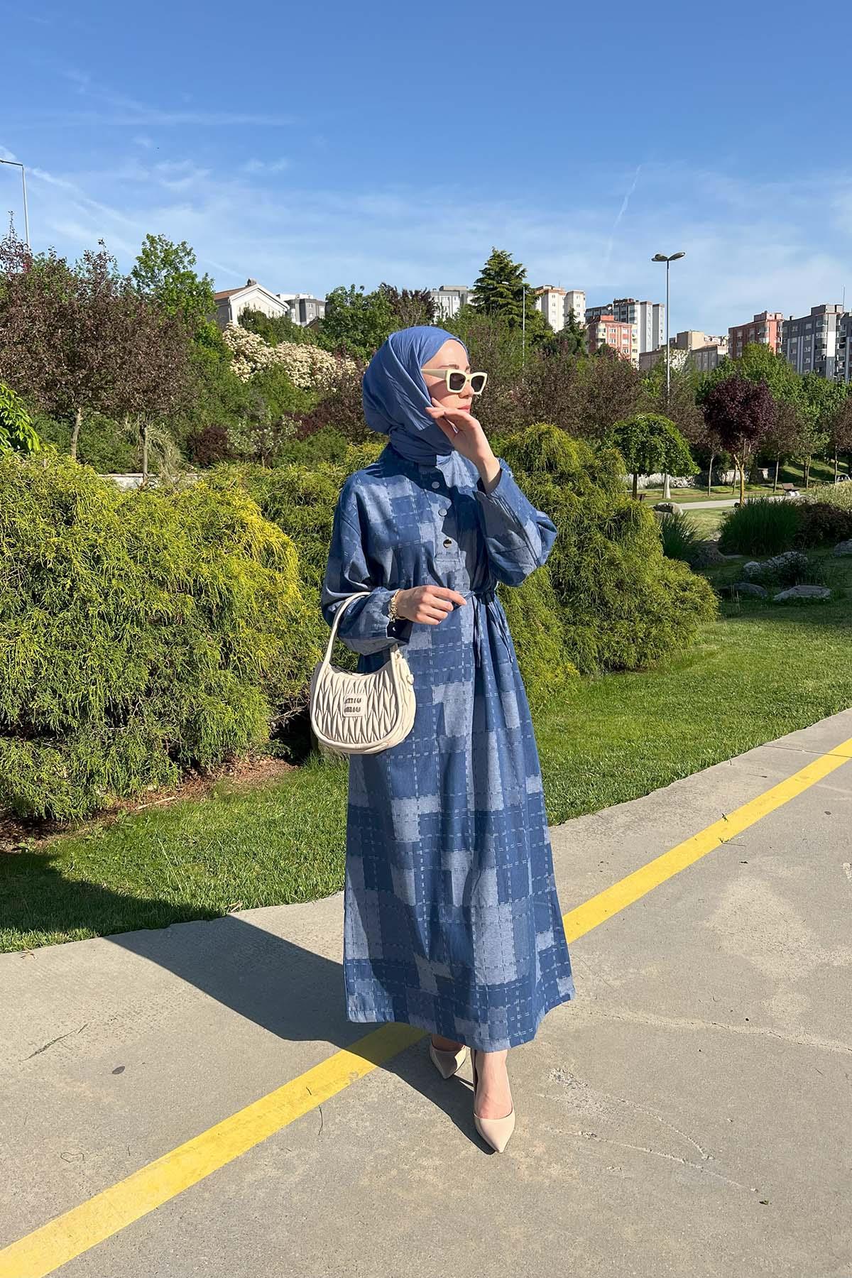 Sare Fashion Square Pattern Collar Detailed Dress Blue