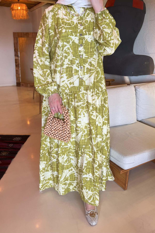 Sare Fashion Mixed Pattern Viscose Dress Oil Green