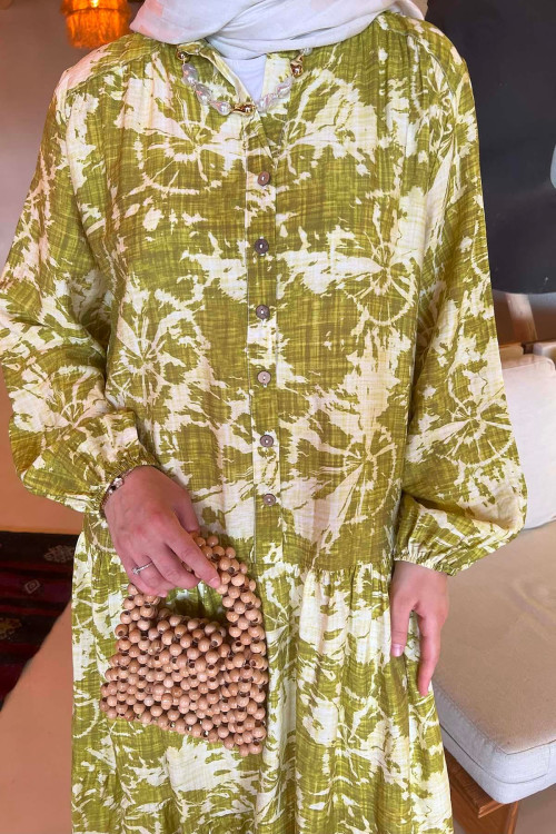 Sare Fashion Mixed Pattern Viscose Dress Oil Green