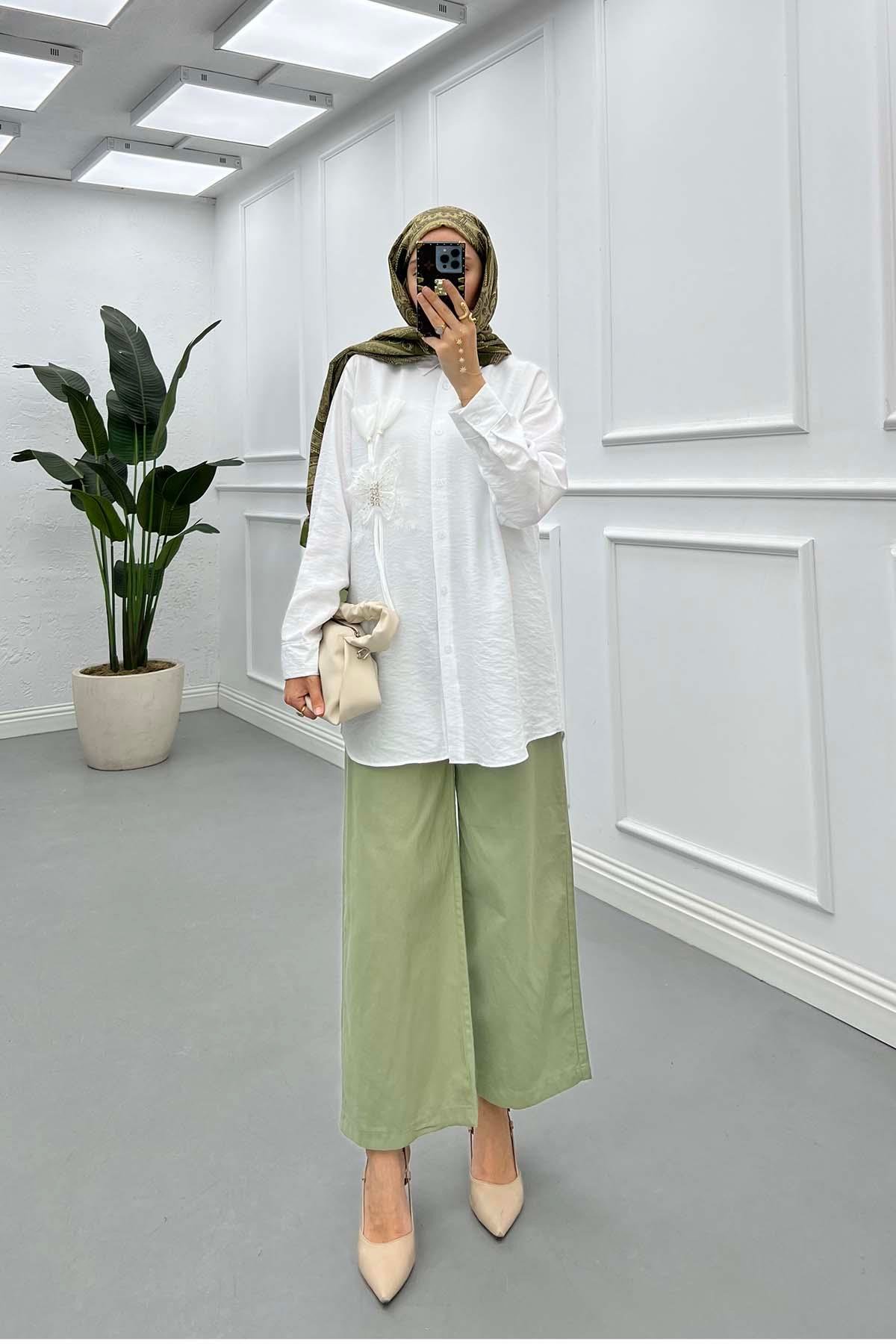 Sare Fashion Butterfly Detailed Long Sleeve Shirt White