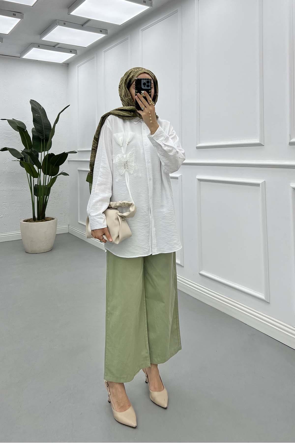 Sare Fashion Butterfly Detailed Long Sleeve Shirt White