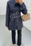 Sare Fashion Belt Detail Denim Jacket Dark Navy Blue