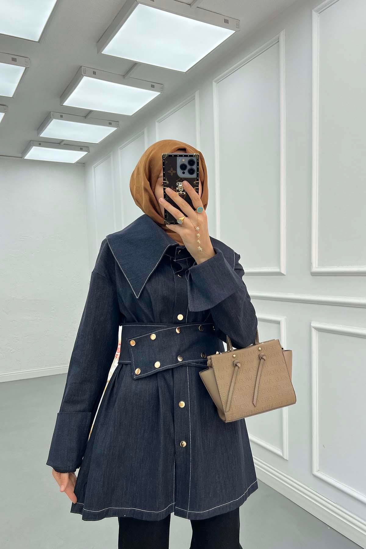 Sare Fashion Belt Detail Denim Jacket Dark Navy Blue