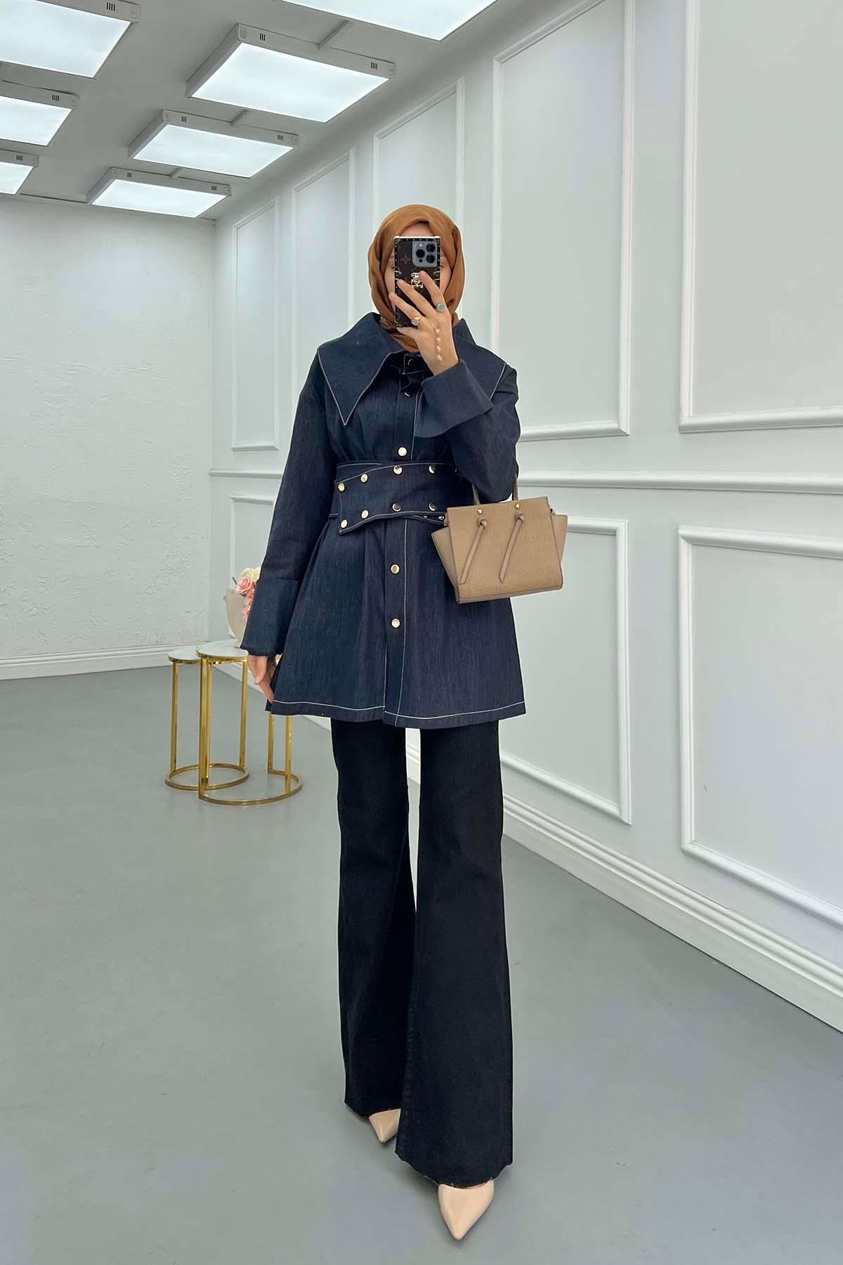 Sare Fashion Belt Detail Denim Jacket Dark Navy Blue