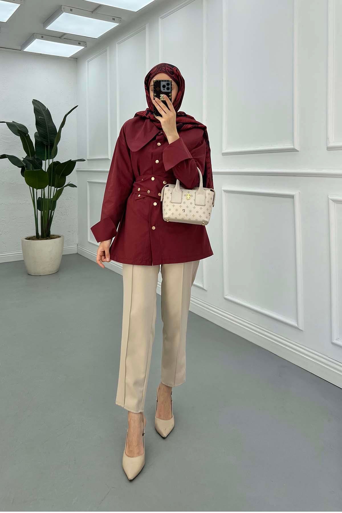 Sare Fashion Belt Detailed Jacket Claret Red