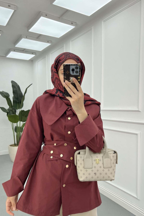 Sare Fashion Belt Detailed Jacket Claret Red