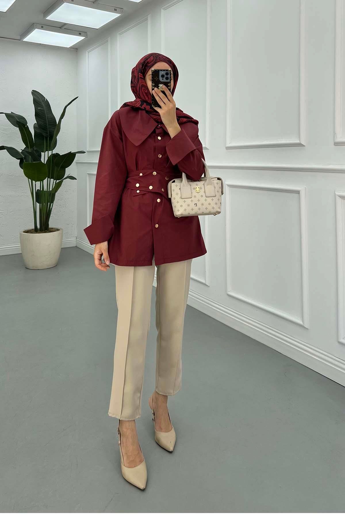Sare Fashion Belt Detailed Jacket Claret Red