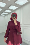 Sare Fashion Belt Detailed Textured Shirt Claret Red