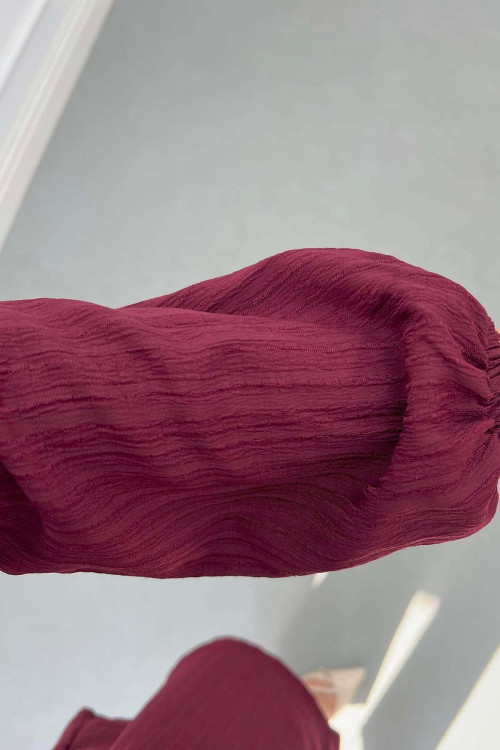 Sare Fashion Belt Detailed Textured Shirt Claret Red