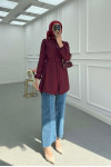 Sare Fashion Belt Detailed Textured Shirt Claret Red