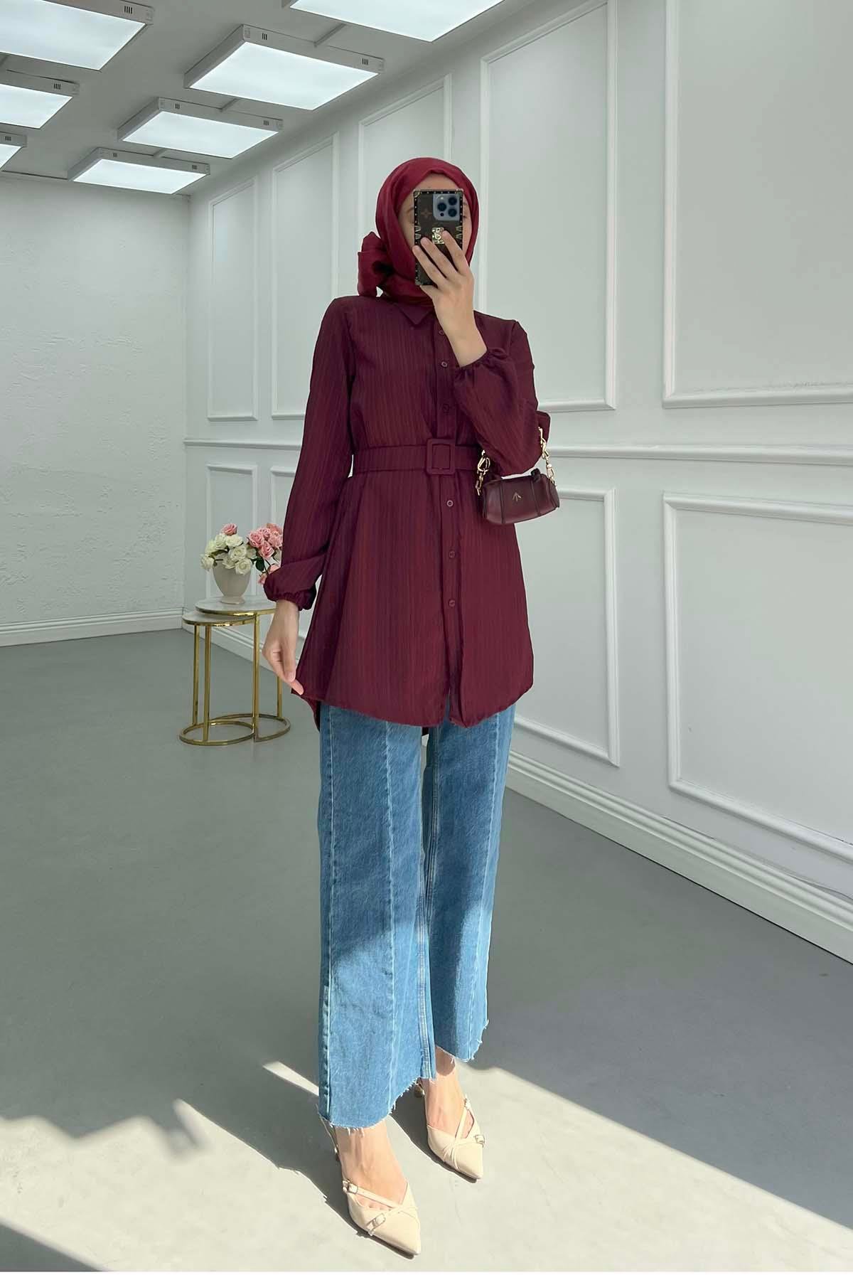 Sare Fashion Belt Detailed Textured Shirt Claret Red