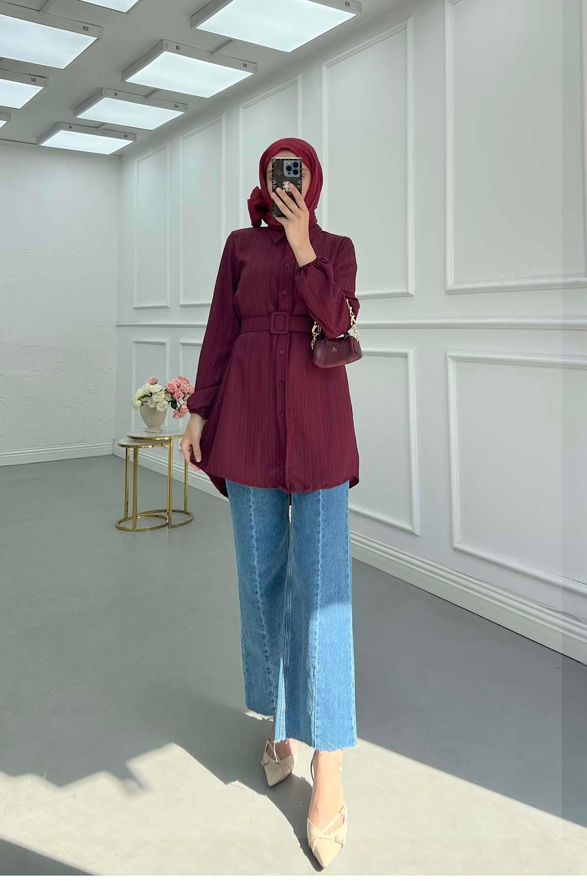 Sare Fashion Belt Detailed Textured Shirt Claret Red
