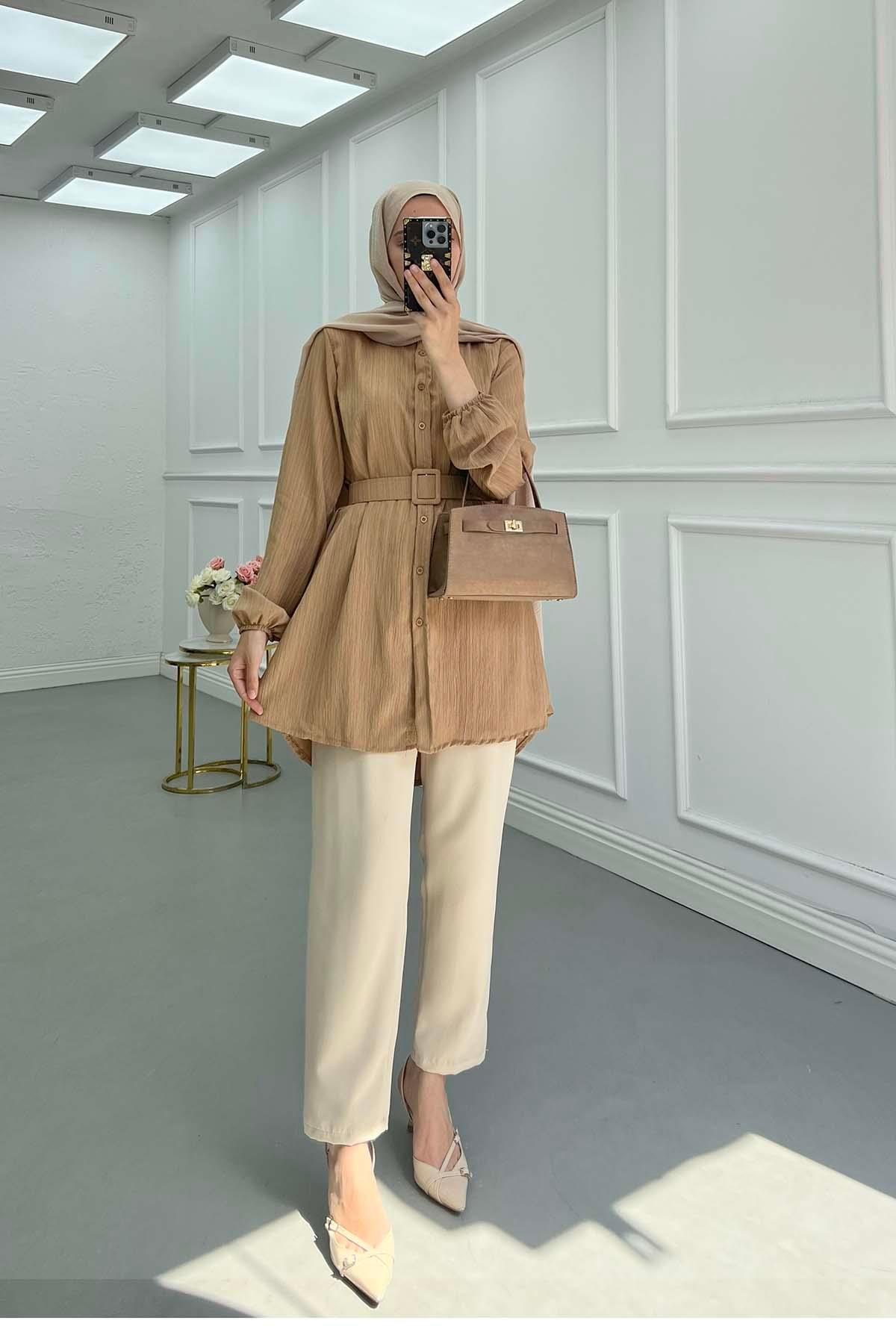 Sare Fashion Textured Shirt with Belt Detail, Brown