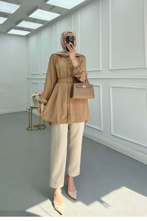 Sare Fashion Textured Shirt with Belt Detail, Brown