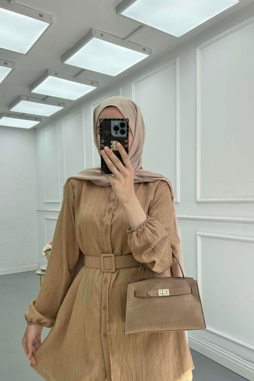 Sare Fashion Textured Shirt with Belt Detail, Brown