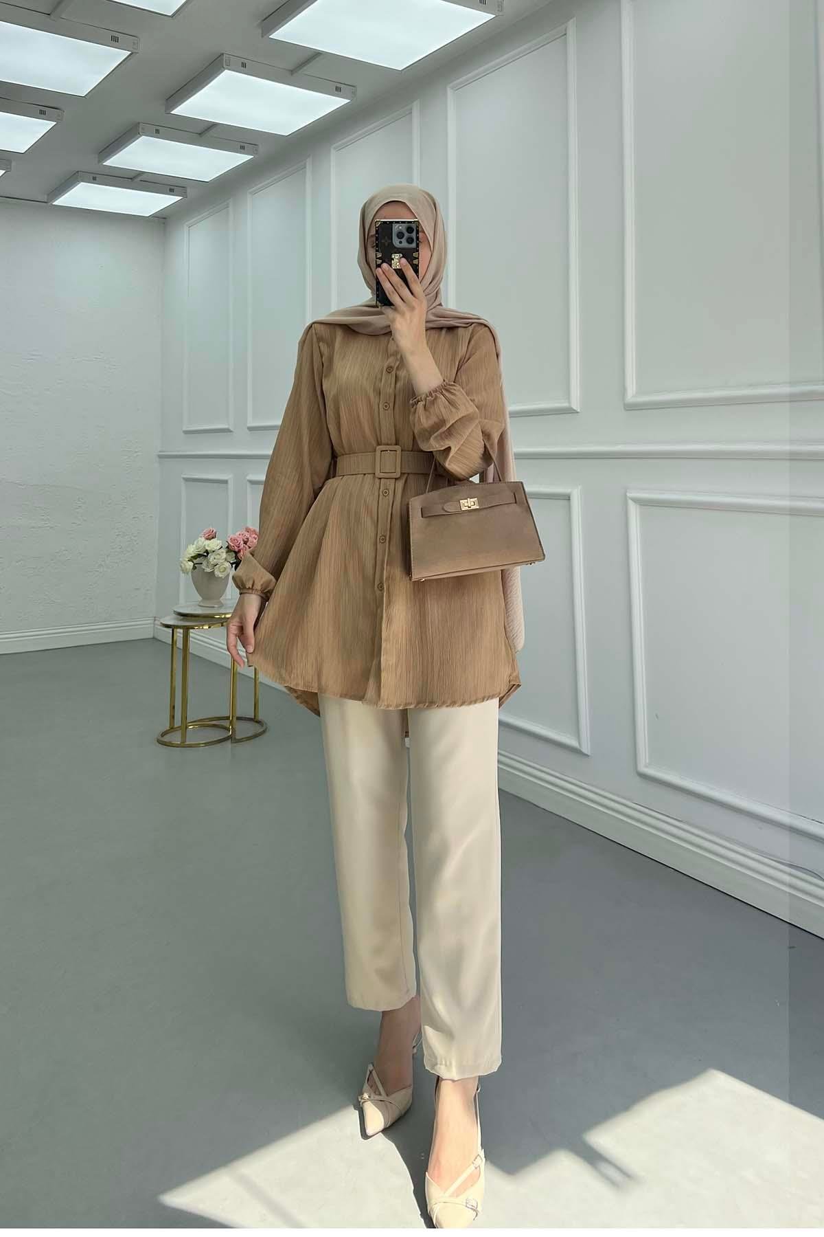 Sare Fashion Textured Shirt with Belt Detail, Brown