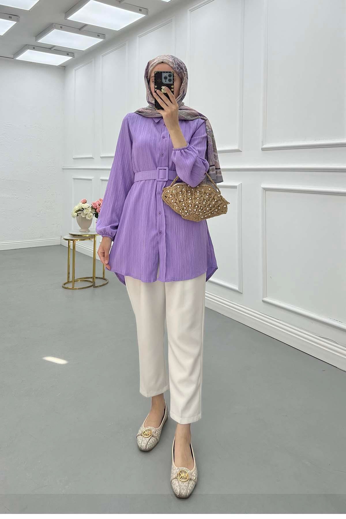 Sare Fashion Textured Shirt with Belt Detail Lilac