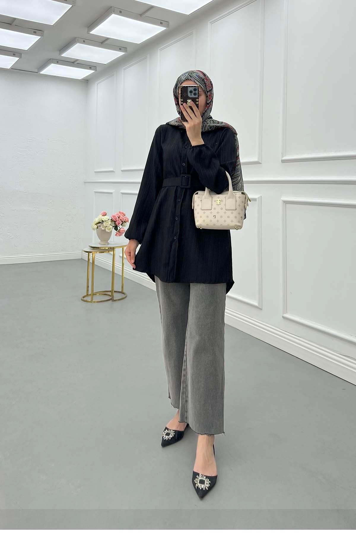 Sare Fashion Belt Detailed Textured Shirt Black