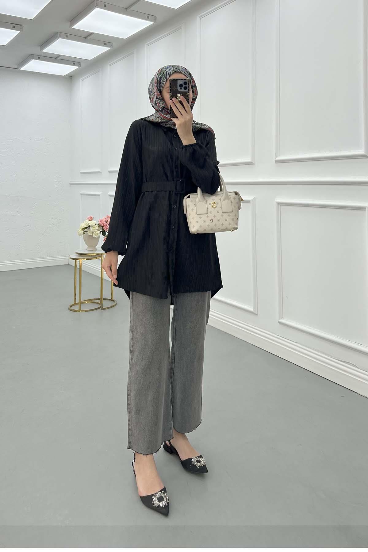 Sare Fashion Belt Detailed Textured Shirt Black