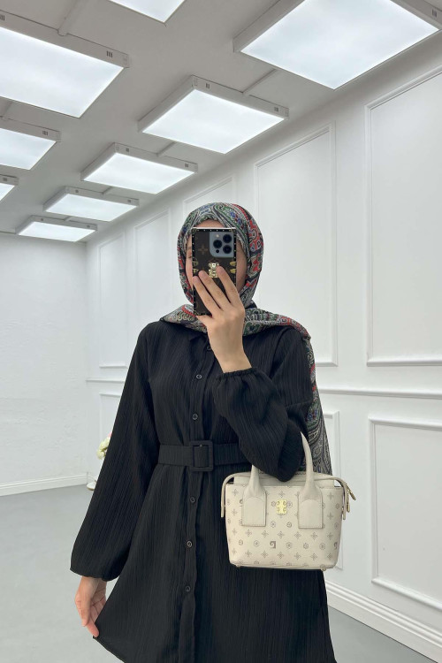 Sare Fashion Belt Detailed Textured Shirt Black